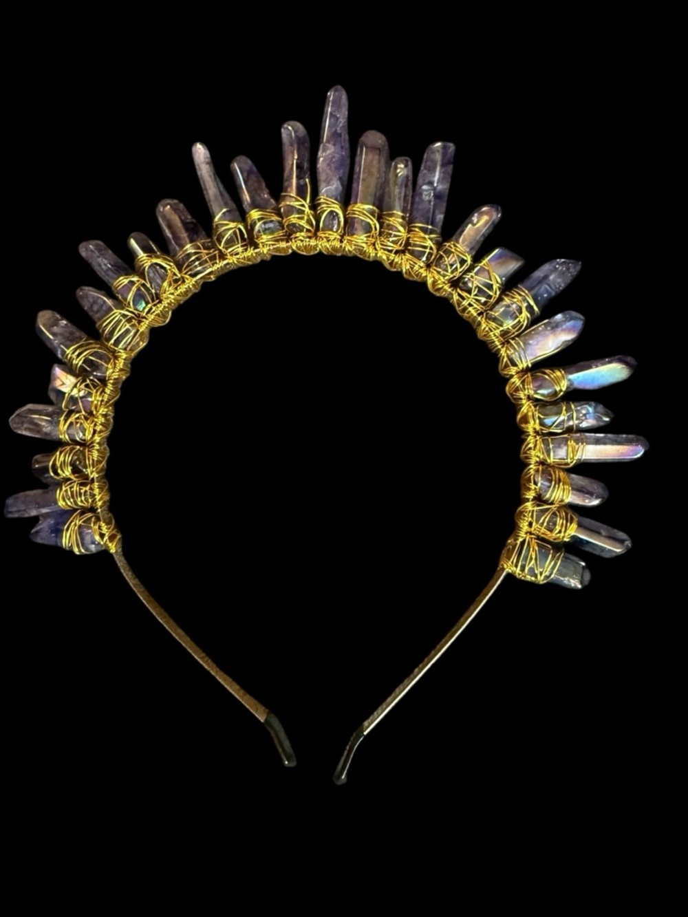 Iridescent Purple Crystal Spike Headband in Gold Wire